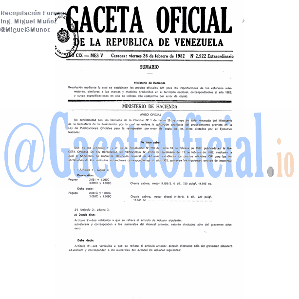 Gaceta Oficial 2922 del 26 Febrero 1982