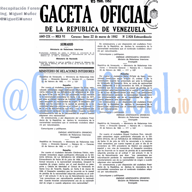 Gaceta Oficial 2926 del 22 Marzo 1982