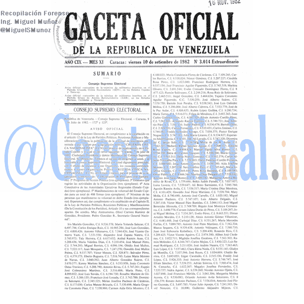 Gaceta Oficial 3014 del 10 Septiembre 1982
