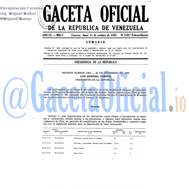 Gaceta Oficial 3027 del 11 Octubre 1982