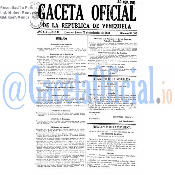 Gaceta Oficial 32362 del 26 Noviembre 1981