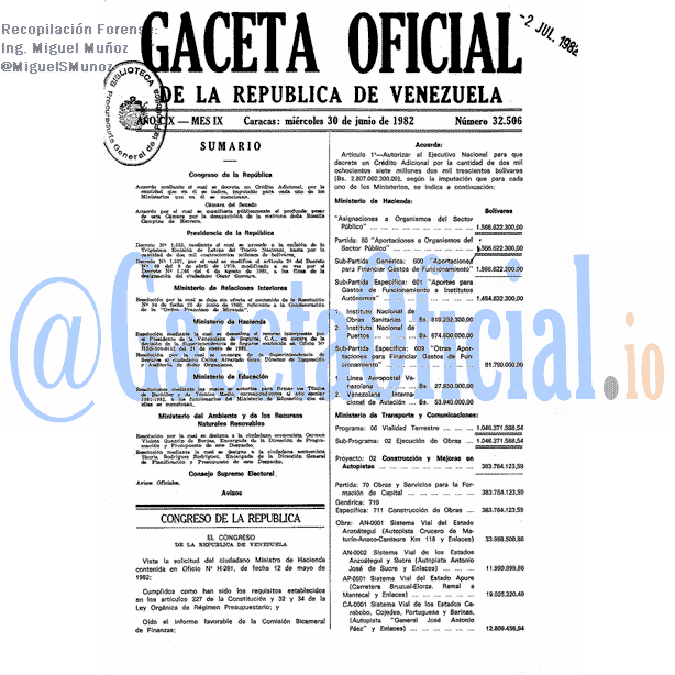 Gaceta Oficial 32506 del 30 Junio 1982