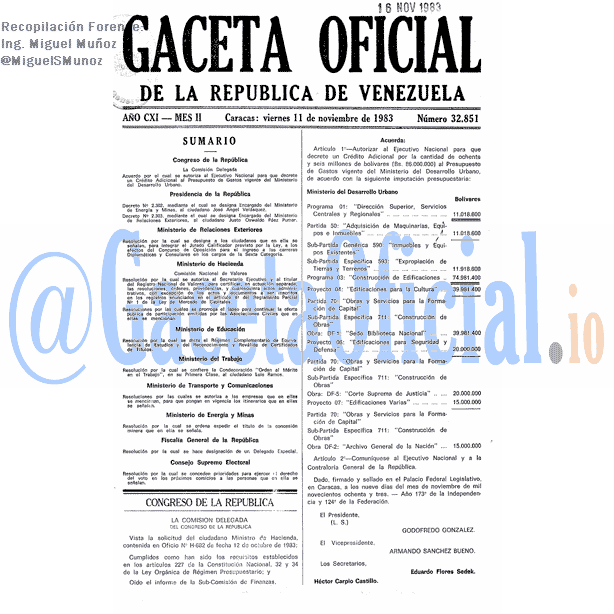 Gaceta Oficial 32851 del 11 Noviembre 1983