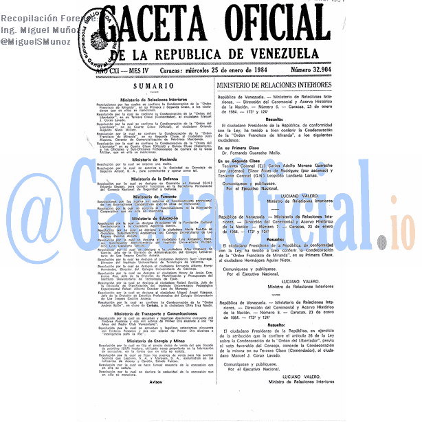 Gaceta Oficial 32904 del 25 Enero 1984