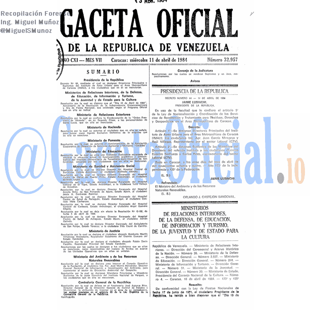 Gaceta Oficial 32957 del 11 Abril 1984