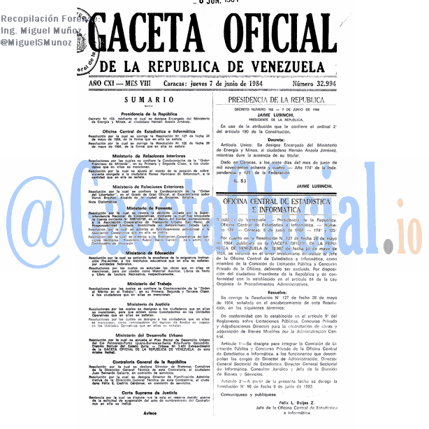 Gaceta Oficial 32994 del 7 Junio 1984