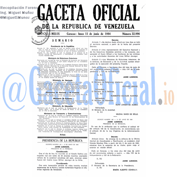 Gaceta Oficial 32996 del 11 Junio 1984