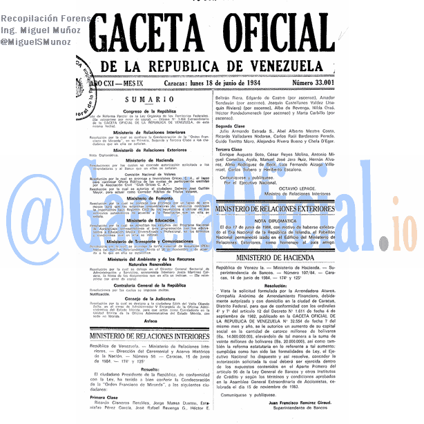 Gaceta Oficial 33001 del 18 Junio 1984