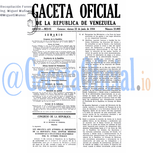 Gaceta Oficial 33005 del 22 Junio 1984
