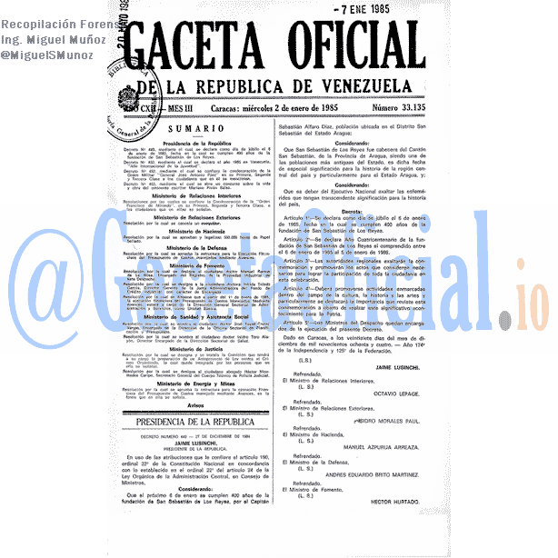 Gaceta Oficial 33135 del 2 Enero 1985