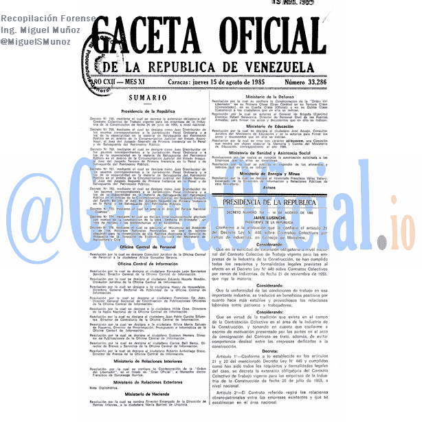 Gaceta Oficial 33286 del 15 Agosto 1985
