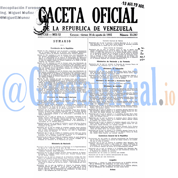 Gaceta Oficial 33287 del 16 Agosto 1985