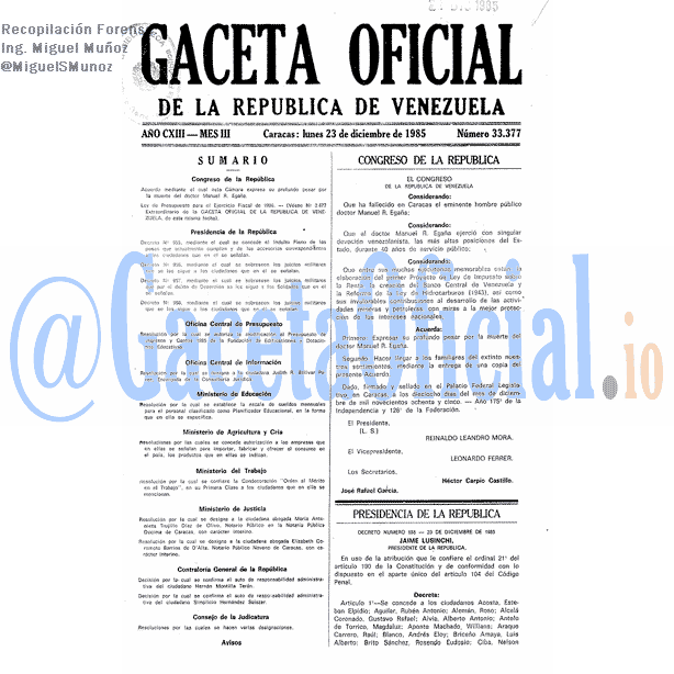 Gaceta Oficial 33377 del 23 Diciembre 1985
