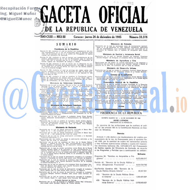 Gaceta Oficial 33378 del 26 Diciembre 1985