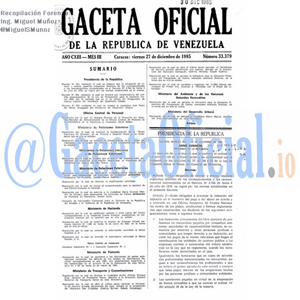 Gaceta Oficial 33379 del 27 Diciembre 1985