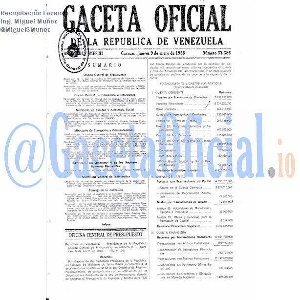 Gaceta Oficial 33386 del 9 Enero 1986