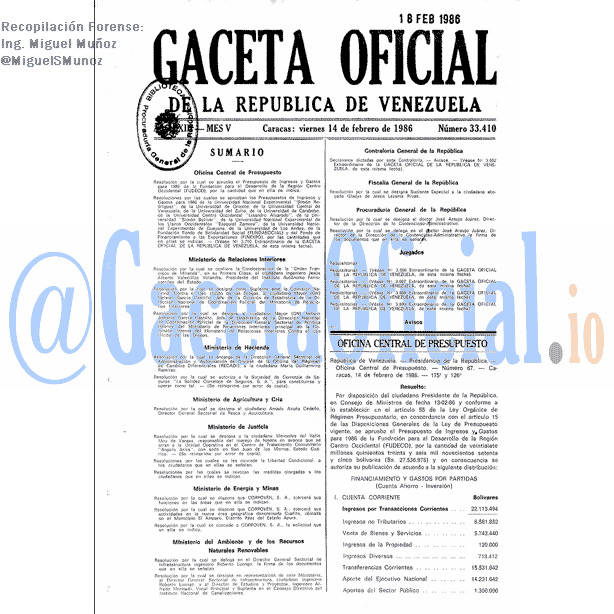 Gaceta Oficial 33410 del 14 Febrero 1986