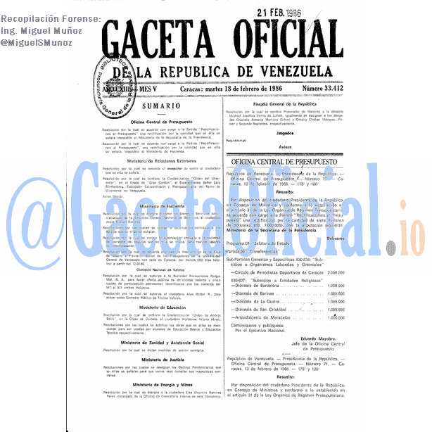 Gaceta Oficial 33412 del 18 Febrero 1986