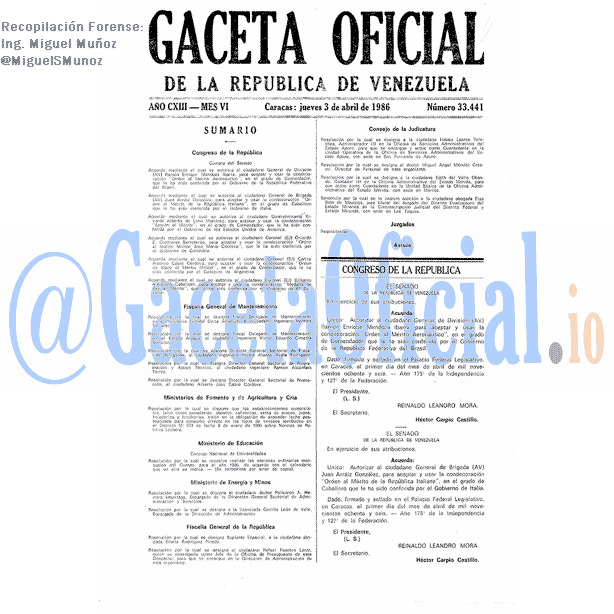 Gaceta Oficial 33441 del 3 Abril 1986