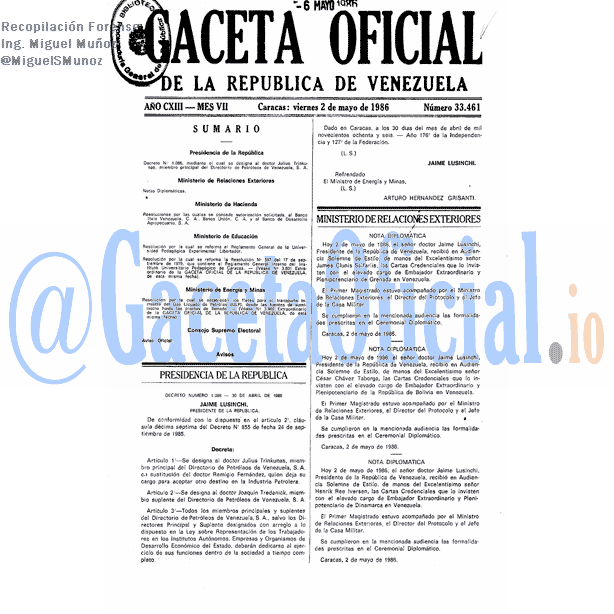 Gaceta Oficial 33461 del 2 Mayo 1986