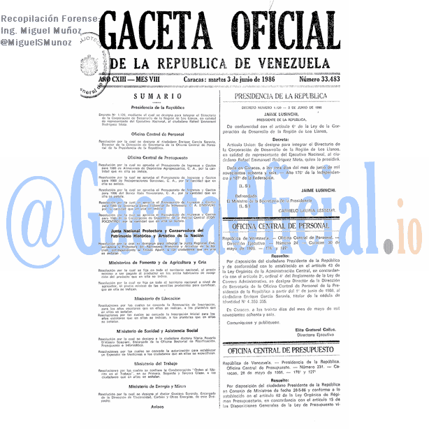Gaceta Oficial 33483 del 3 Junio 1986