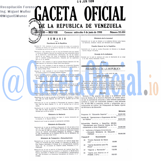 Gaceta Oficial 33484 del 4 Junio 1986