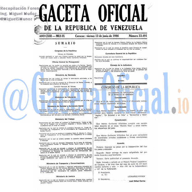 Gaceta Oficial 33491 del 13 Junio 1986