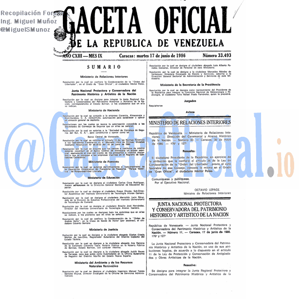 Gaceta Oficial 33493 del 17 Junio 1986