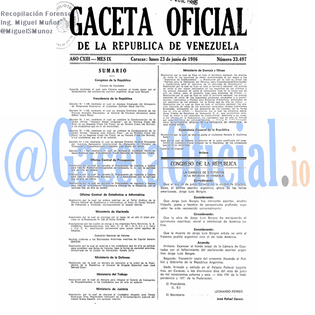 Gaceta Oficial 33497 del 23 Junio 1986