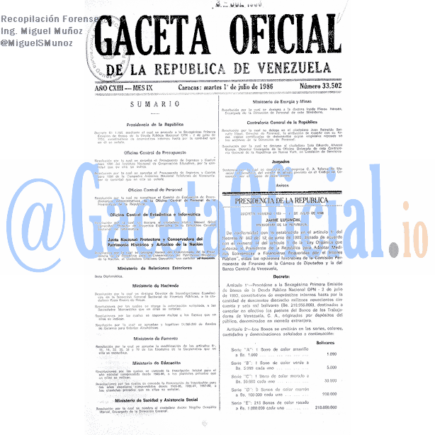 Gaceta Oficial 33502 del 1 Julio 1986