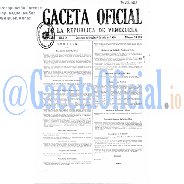 Gaceta Oficial 33508 del 9 Julio 1986