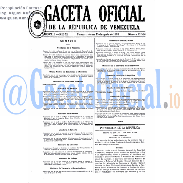 Gaceta Oficial 33534 del 15 Agosto 1986