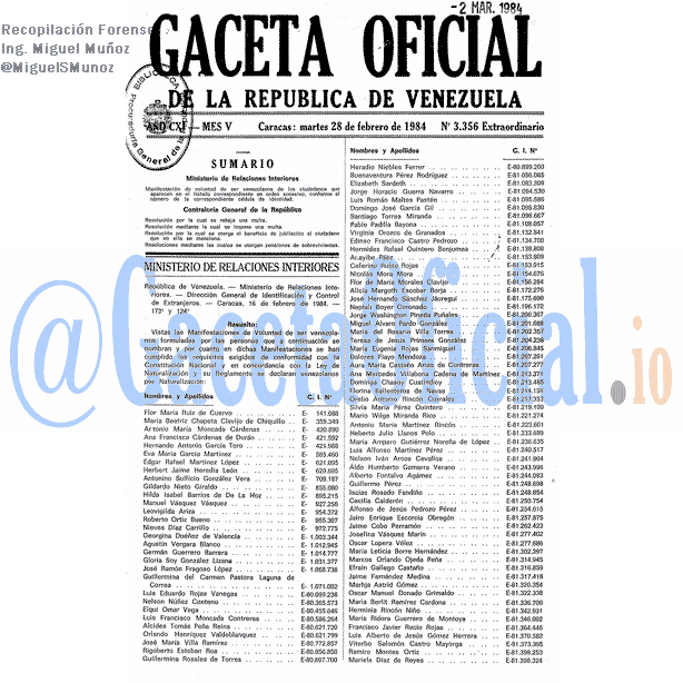 Gaceta Oficial 3356 del 28 Febrero 1984