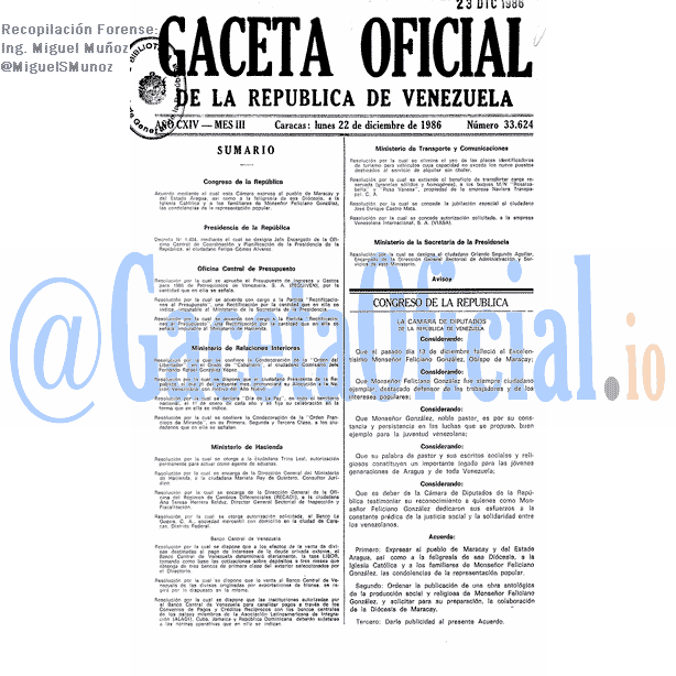 Gaceta Oficial 33624 del 22 Diciembre 1986