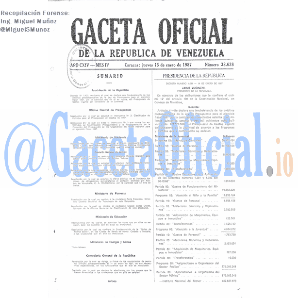 Gaceta Oficial 33638 del 15 Enero 1987