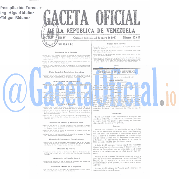Gaceta Oficial 33642 del 21 Enero 1987