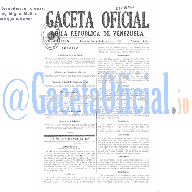 Gaceta Oficial 33645 del 26 Enero 1987