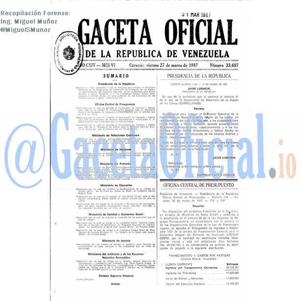 Gaceta Oficial 33687 del 27 Marzo 1987