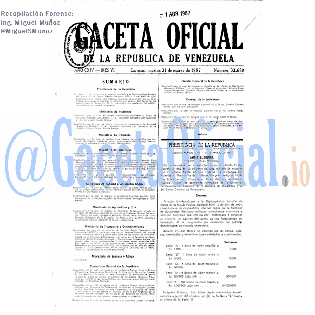 Gaceta Oficial 33689 del 31 Marzo 1987