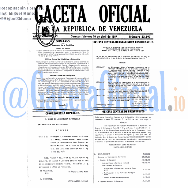 Gaceta Oficial 33697 del 10 Abril 1987