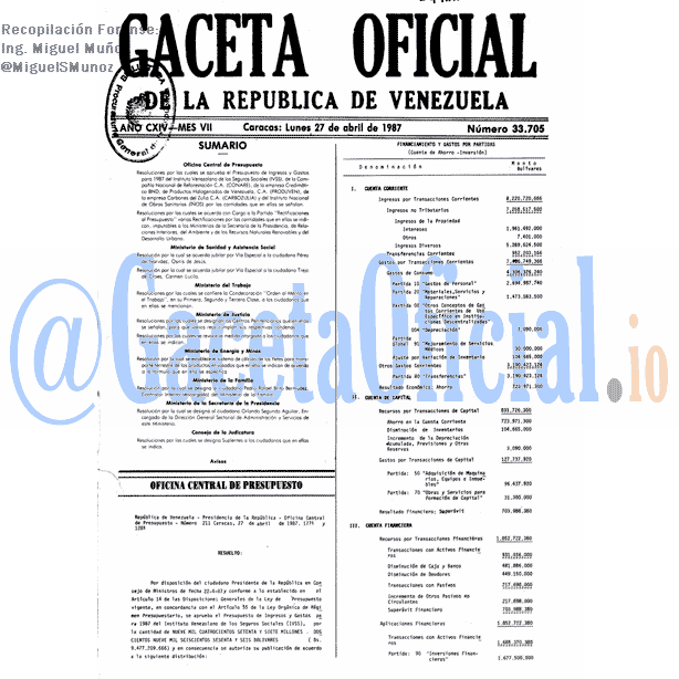 Gaceta Oficial 33705 del 27 Abril 1987