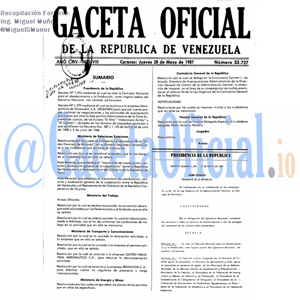 Gaceta Oficial 33727 del 28 Mayo 1987