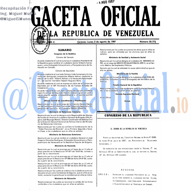 Gaceta Oficial 33772 del 3 Agosto 1987