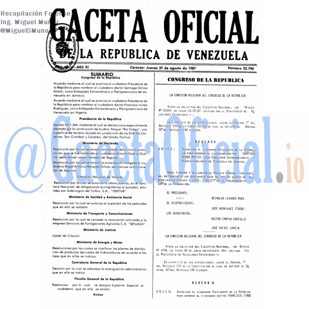 Gaceta Oficial 33790 del 27 Agosto 1987