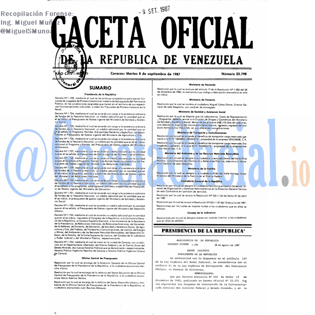 Gaceta Oficial 33798 del 8 Septiembre 1987