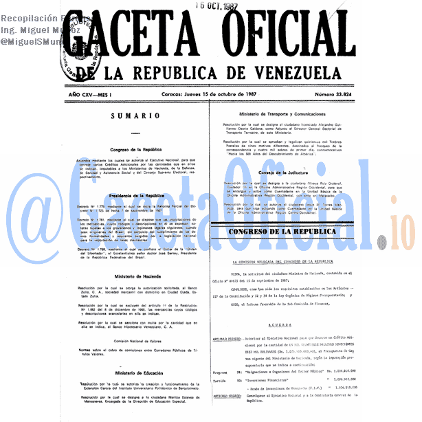 Gaceta Oficial 33824 del 15 Octubre 1987