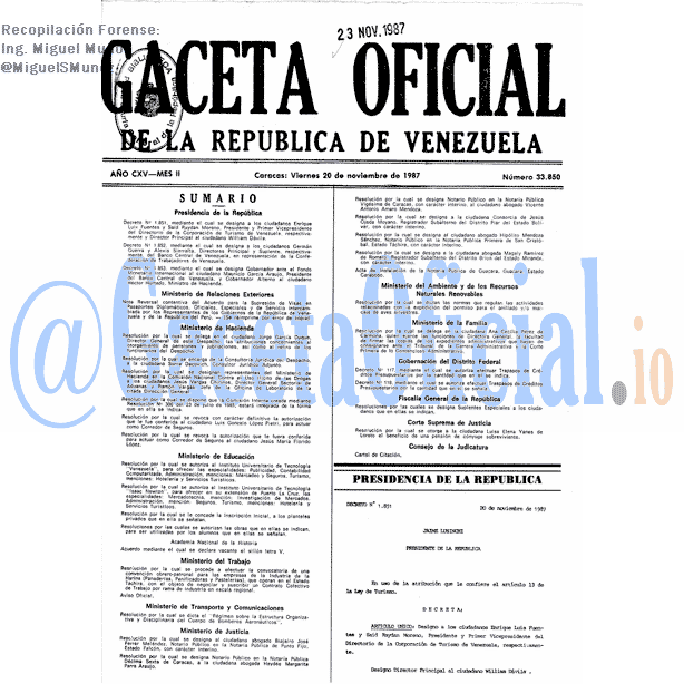 Gaceta Oficial 33850 del 20 Noviembre 1987