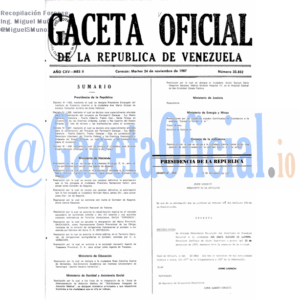 Gaceta Oficial 33852 del 24 Noviembre 1987