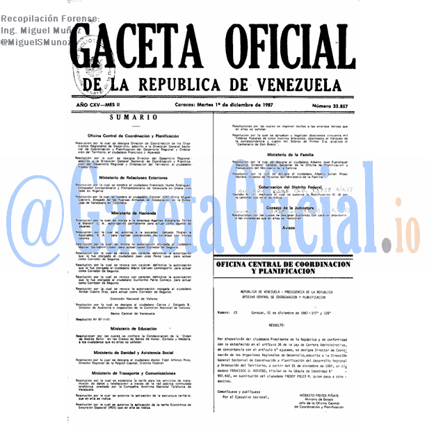 Gaceta Oficial 33857 del 1 Diciembre 1987