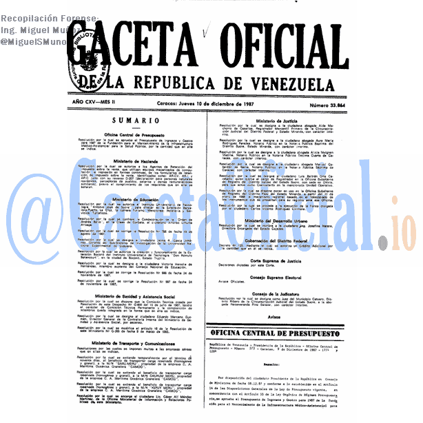 Gaceta Oficial 33864 del 10 Diciembre 1987
